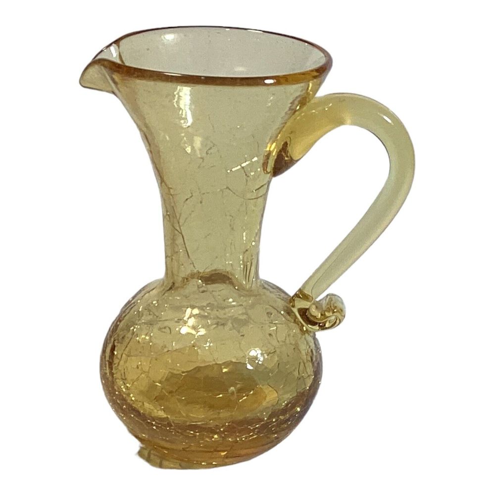 Amber Vintage Crackle Art Glass 5” Pitcher or Vase Hand Blown w/ Applied Handle